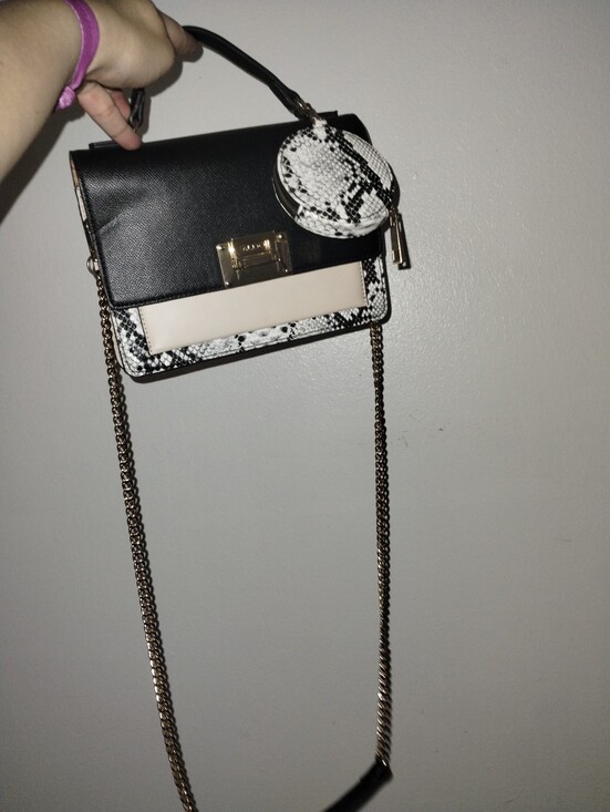 Aldo Handbags - GIRLY GIRL ALDO Black and Cream Top-Handle Crossbody Bag with Snake-Print Accent